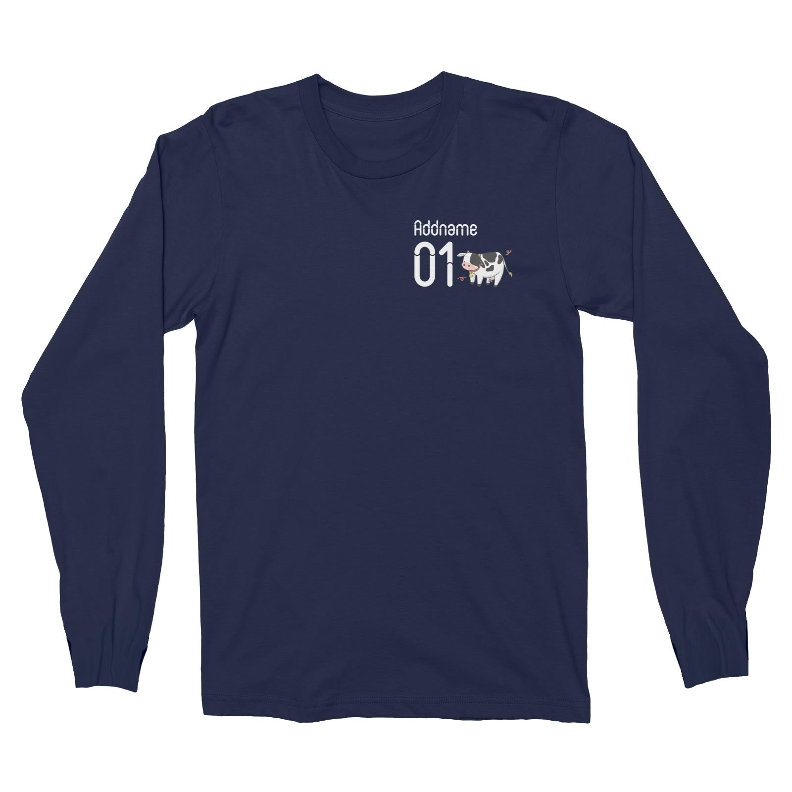 Pocket Name and Number Cute Hand Drawn Style Cow Long Sleeve Unisex T-Shirt