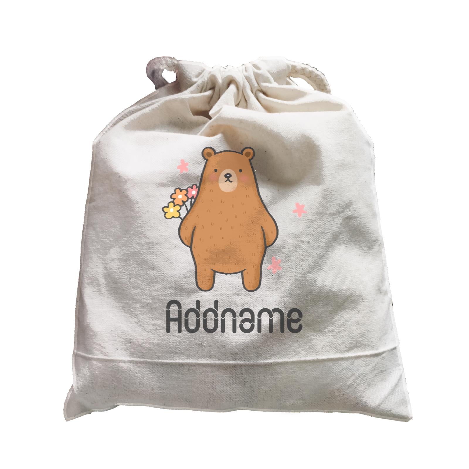 Cute Hand Drawn Style Bear with Flowers Addname Satchel