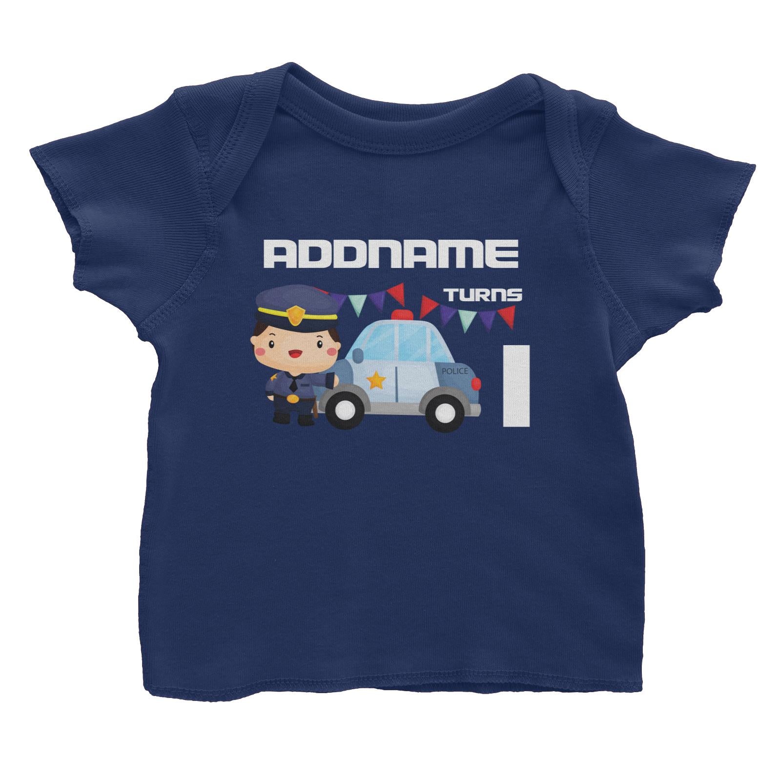 Birthday Police Officer Boy In Suit With Police Car Addname Turns 1 Baby T-Shirt