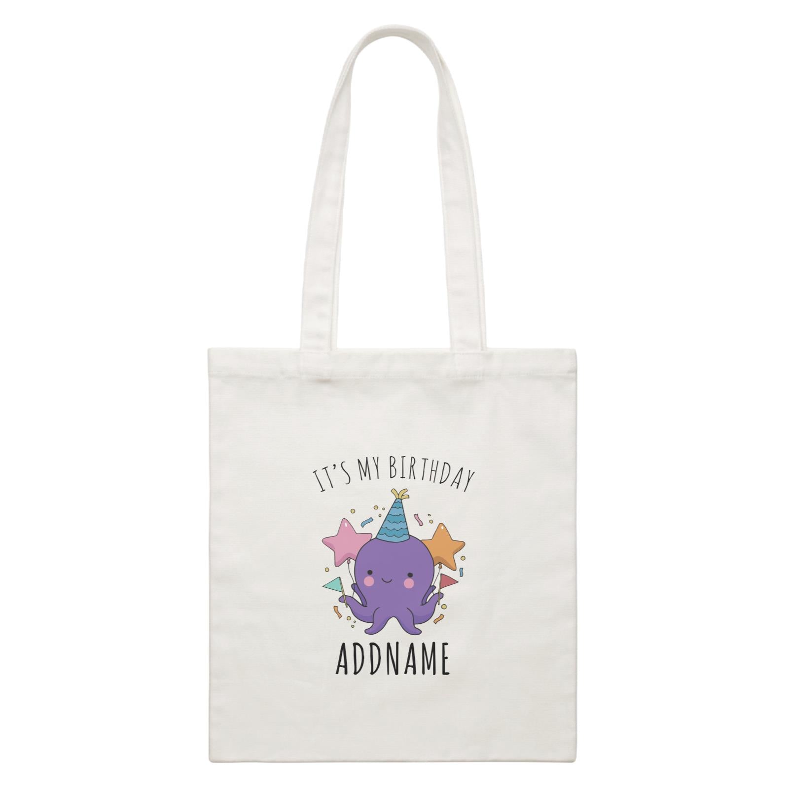 Birthday Sketch Animals Octopus with Flags It's My Birthday Addname White Canvas Bag