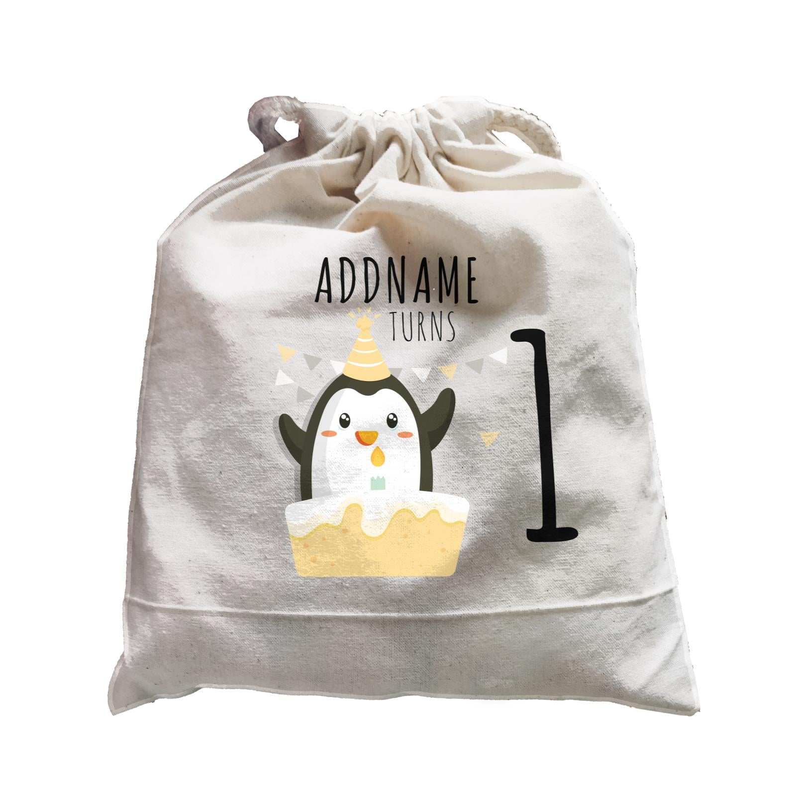 Birthday Cute Penguin And Cake Addname Turns 1 Satchel
