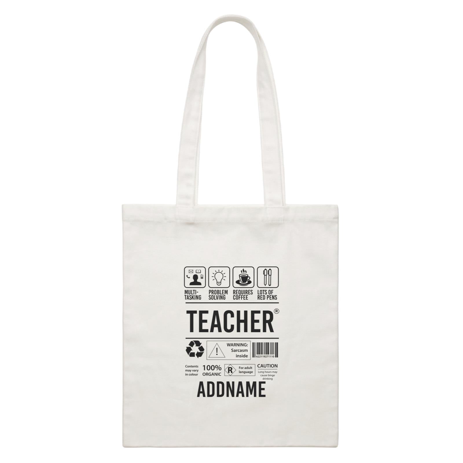Typography Series - Teacher Infographic Warning White Canvas Bag