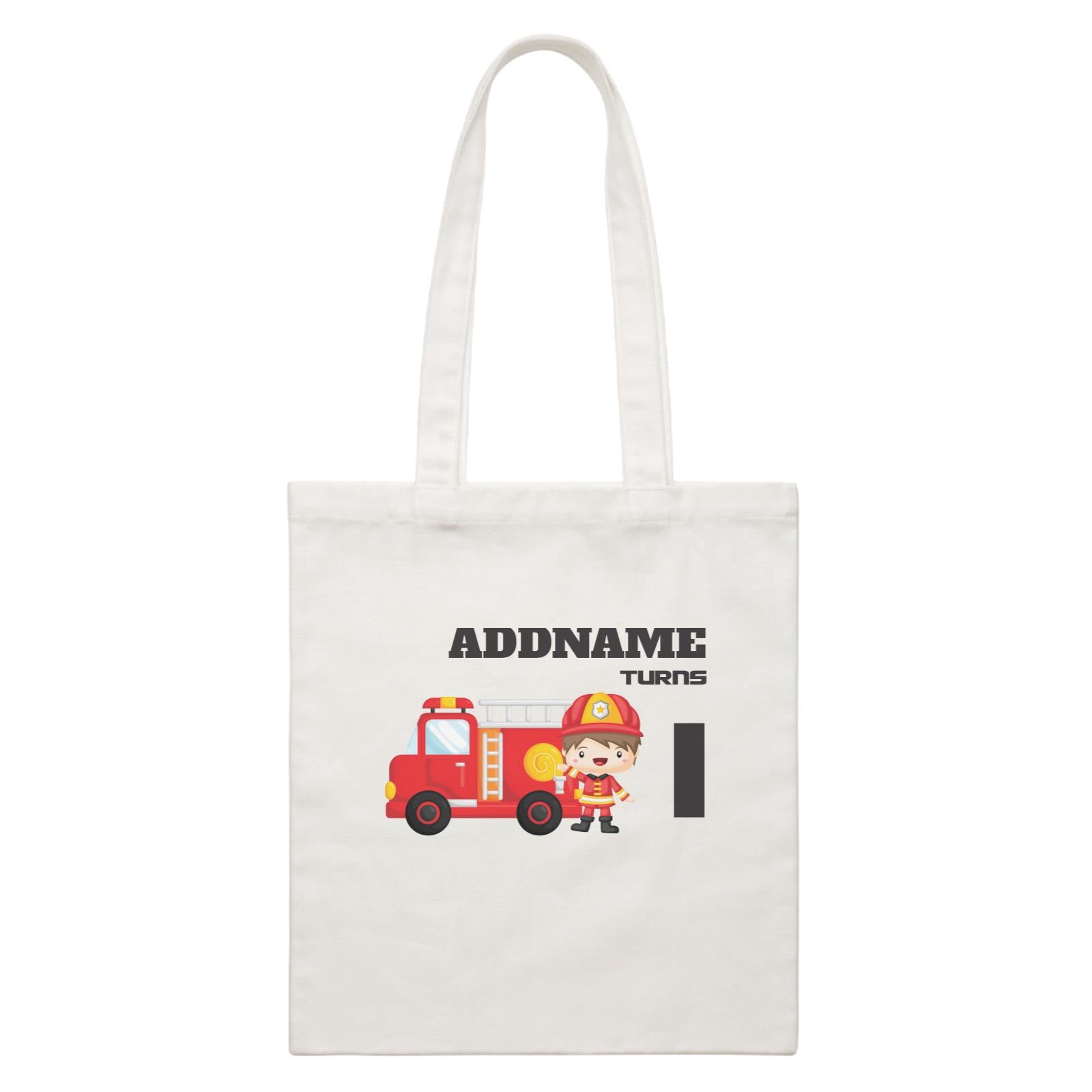 Birthday Firefighter Boy With Firetruck Addname Turns 1 White Canvas Bag