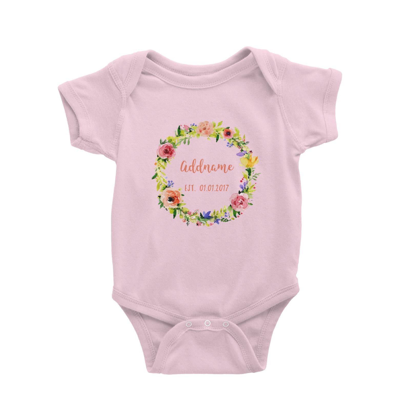 Add Name and Add Date in Spring Flower Wreath Baby Romper