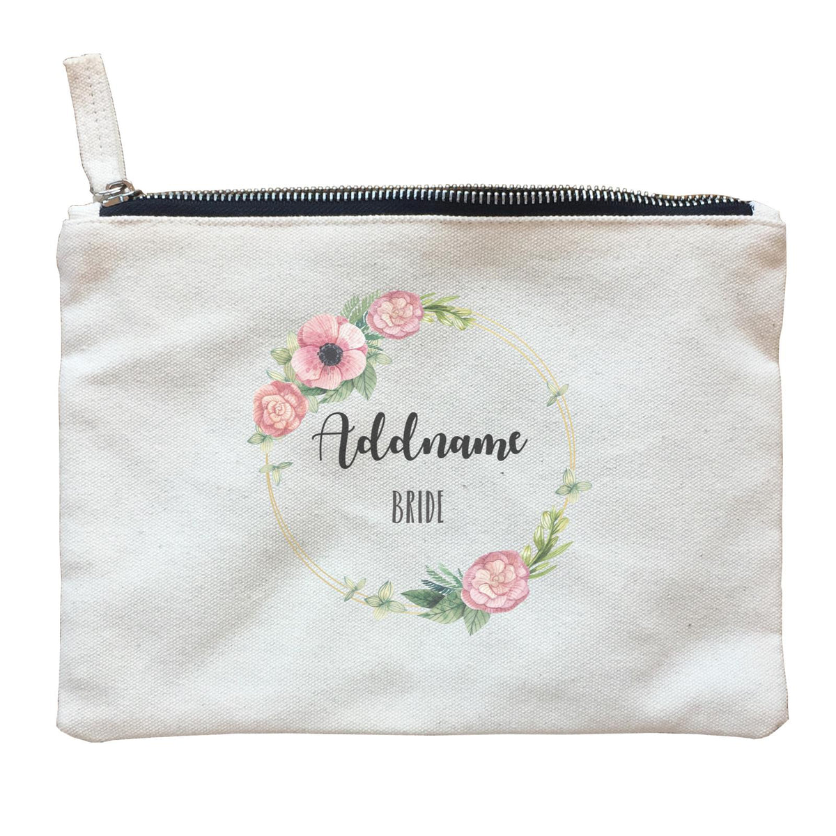 Bridesmaid Floral Sweet Pink Flower Wreath With Circle Bride Addname Zipper Pouch
