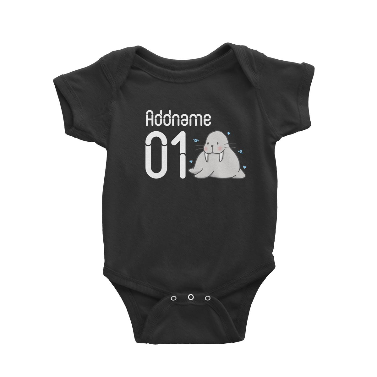 Name and Number Cute Hand Drawn Style Walrus Baby Romper