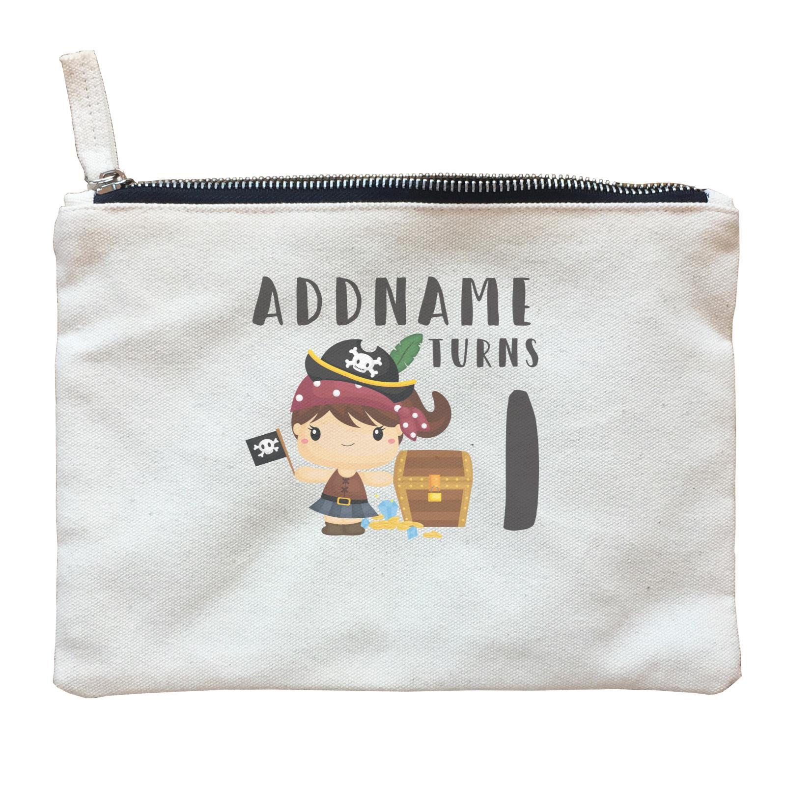 Birthday Pirate Happy Girl Captain With Treasure Chest Addname Turns 1 Zipper Pouch