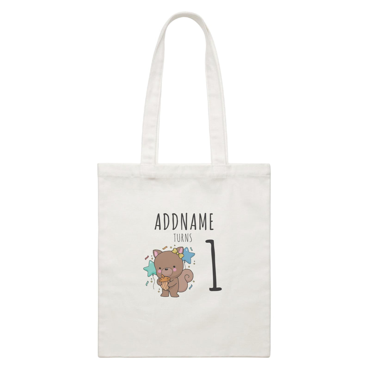Birthday Sketch Animals Squirrel with Acorn Addname Turns 1 White Canvas Bag