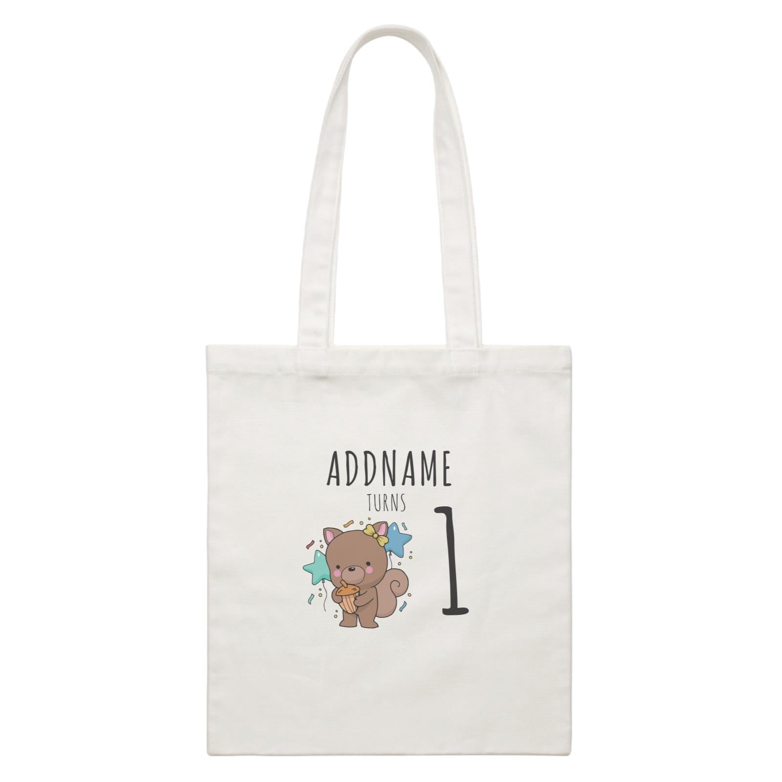 Birthday Sketch Animals Squirrel with Acorn Addname Turns 1 White Canvas Bag