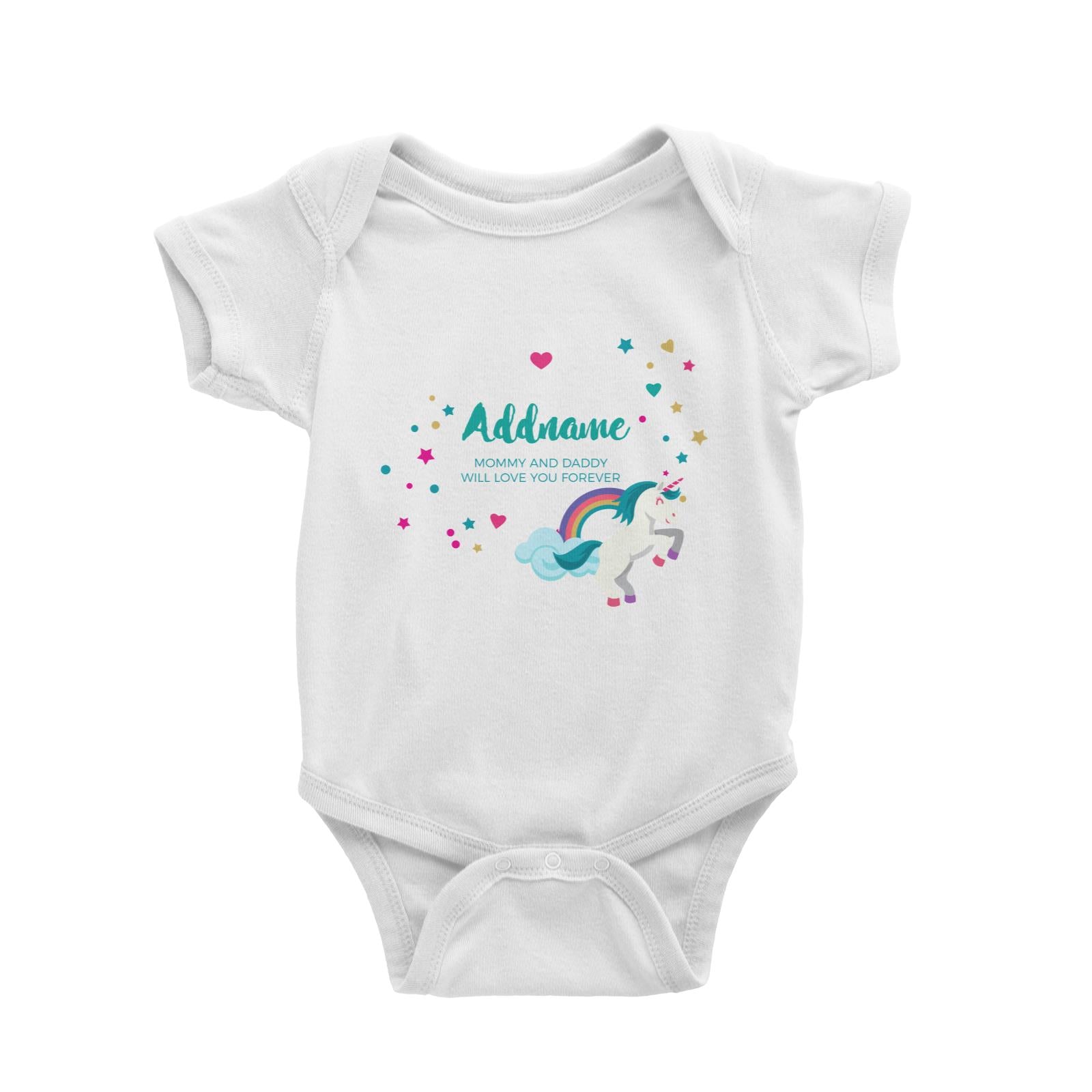 Blue Unicorn with Colourful Love and Start Elements Personalizable with Name and Text Baby Romper