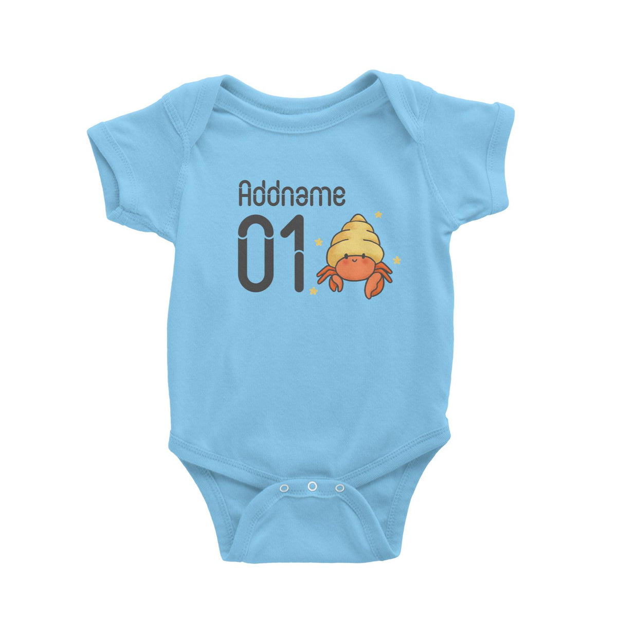 Name and Number Cute Hand Drawn Style Hermit Crab Baby Romper
