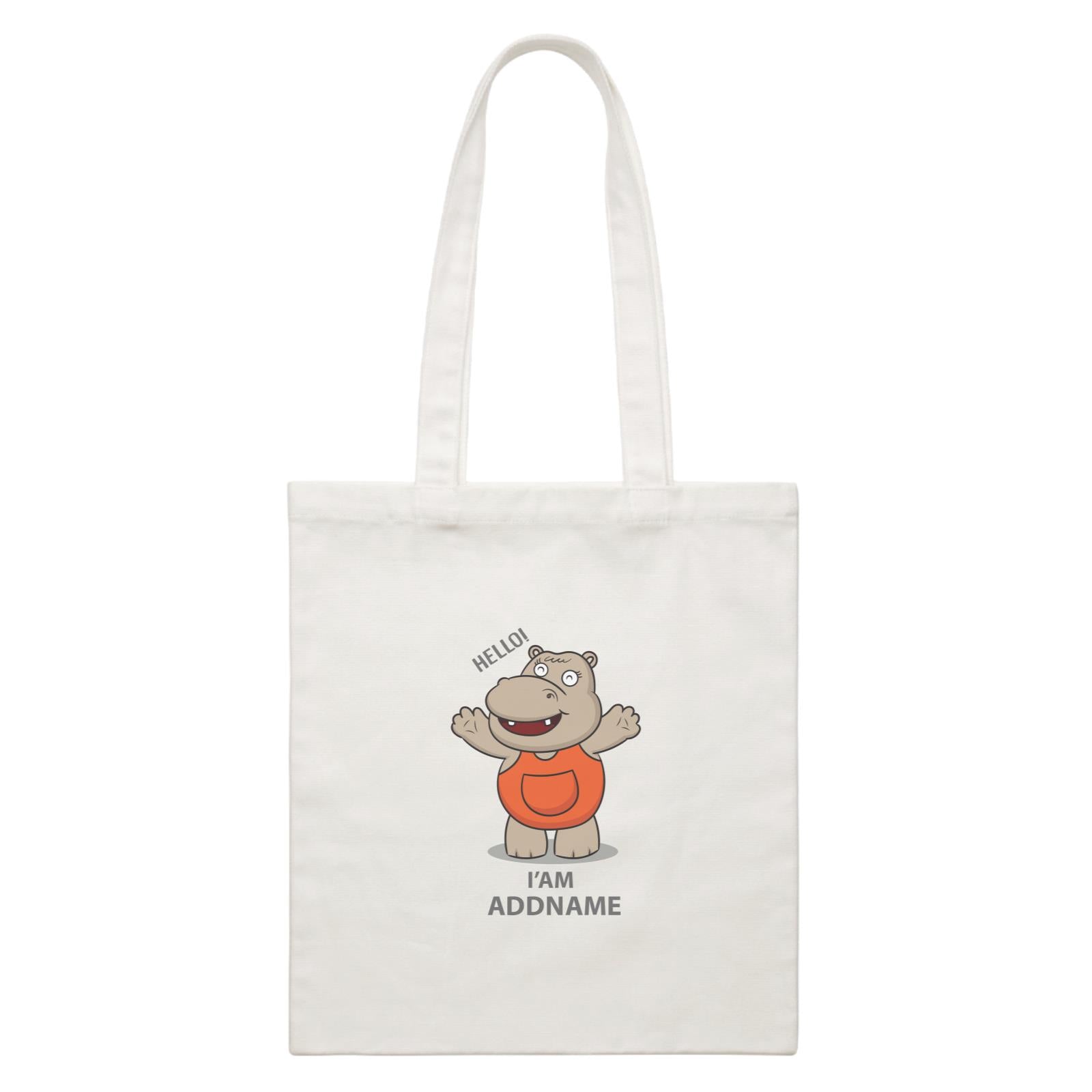 Cool Cute Animals Hippo Hello I'Am Addname White Canvas Bag