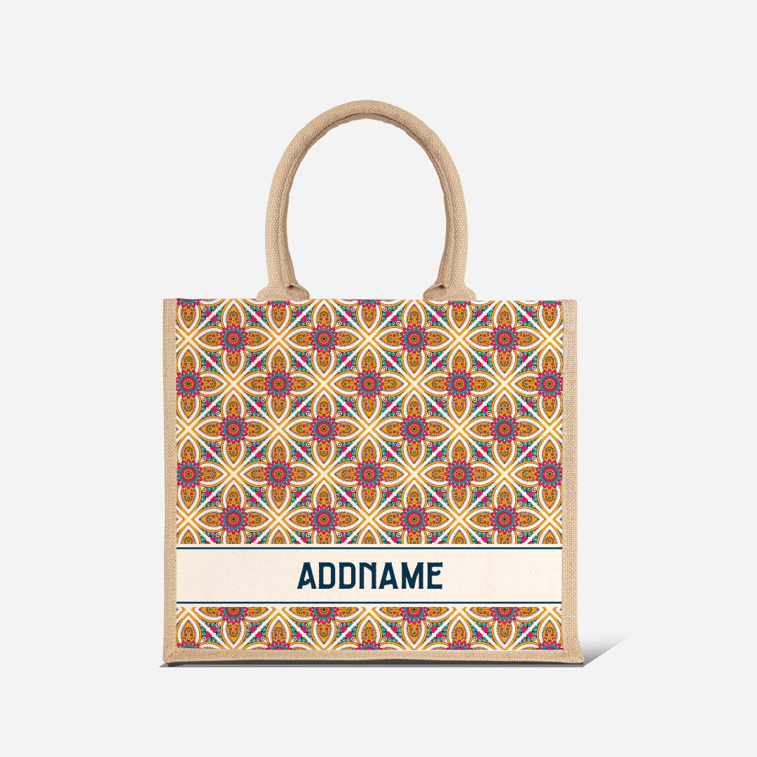 Pookal Series Half Lining Jute Bag - Vibrant Tiles Natural