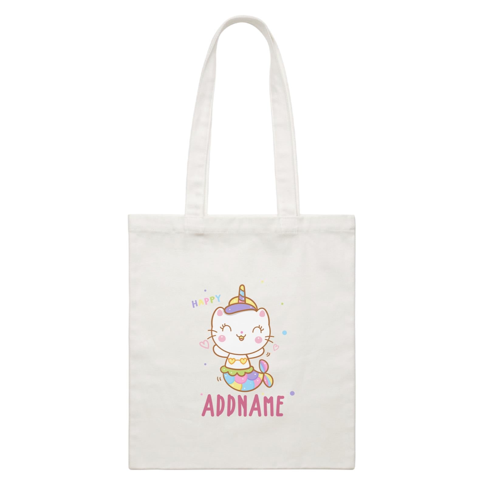 Unicorn And Princess Series Cute Happy Cat Mermaid Addname White Canvas Bag