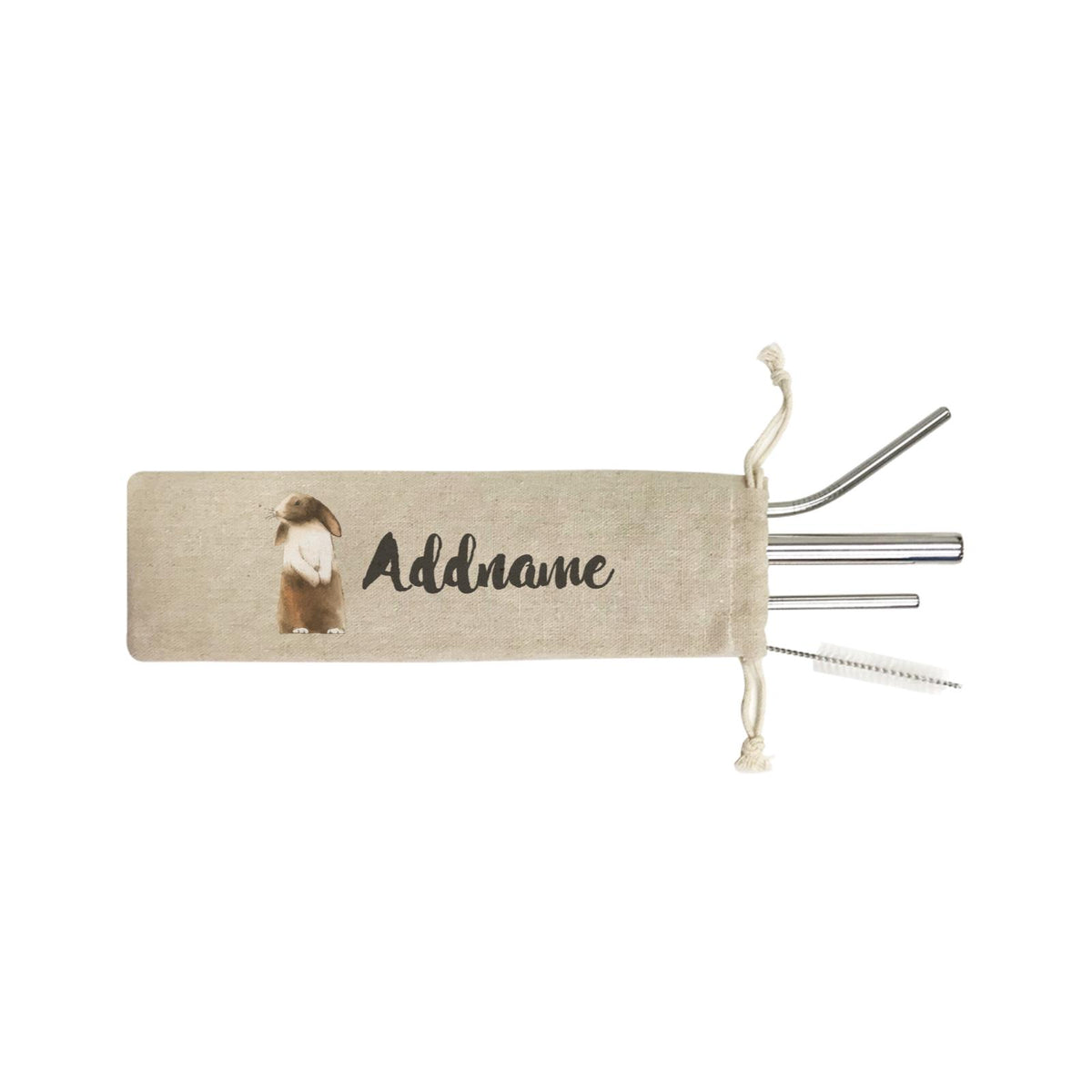 Watercolour Animal Sweet White and Brown Rabbit Addname SB 4-in-1 Stainless Steel Straw Set In a Satchel