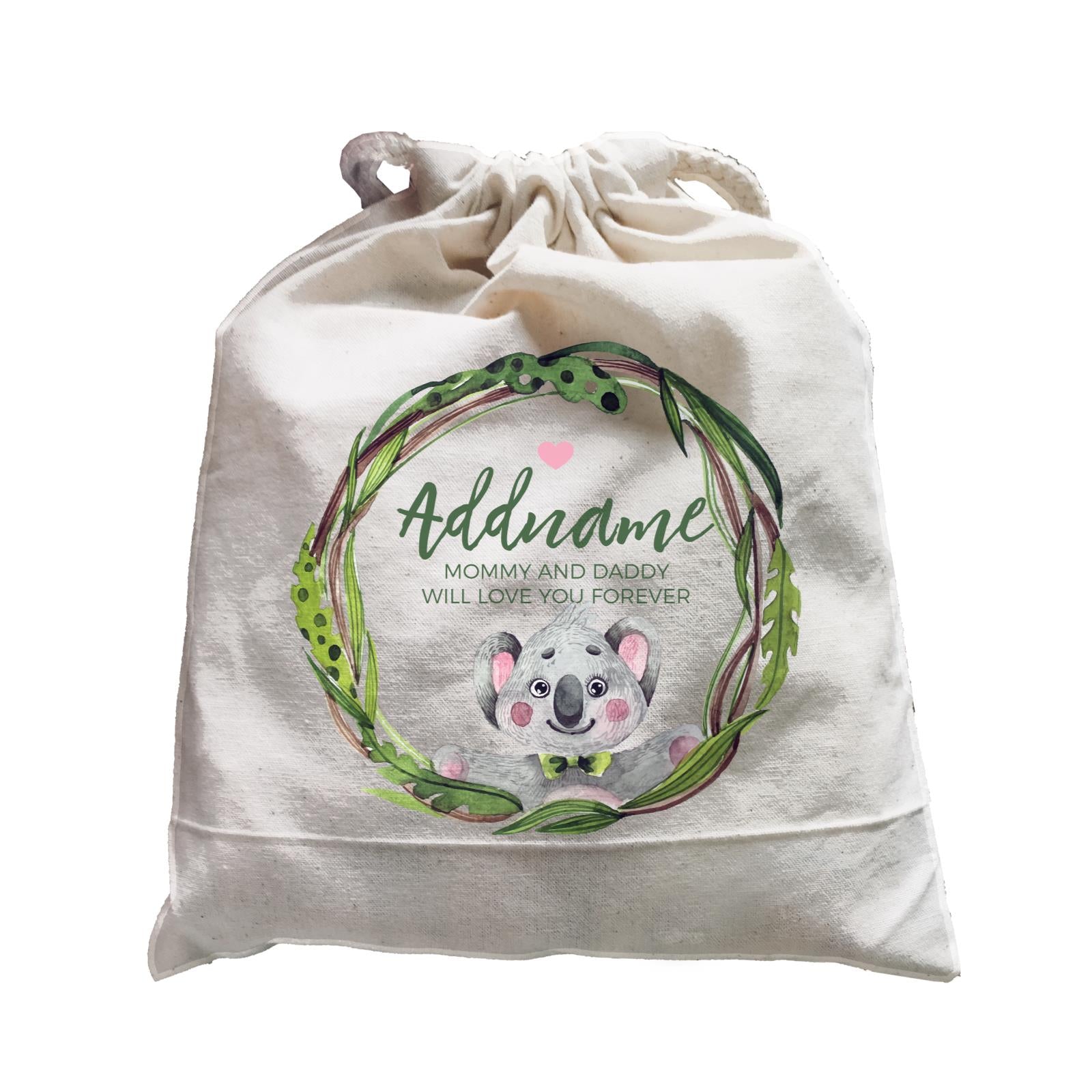 Watercolour Pink Koala Green Leaves Wreath Personalizable with Name and Text Satchel