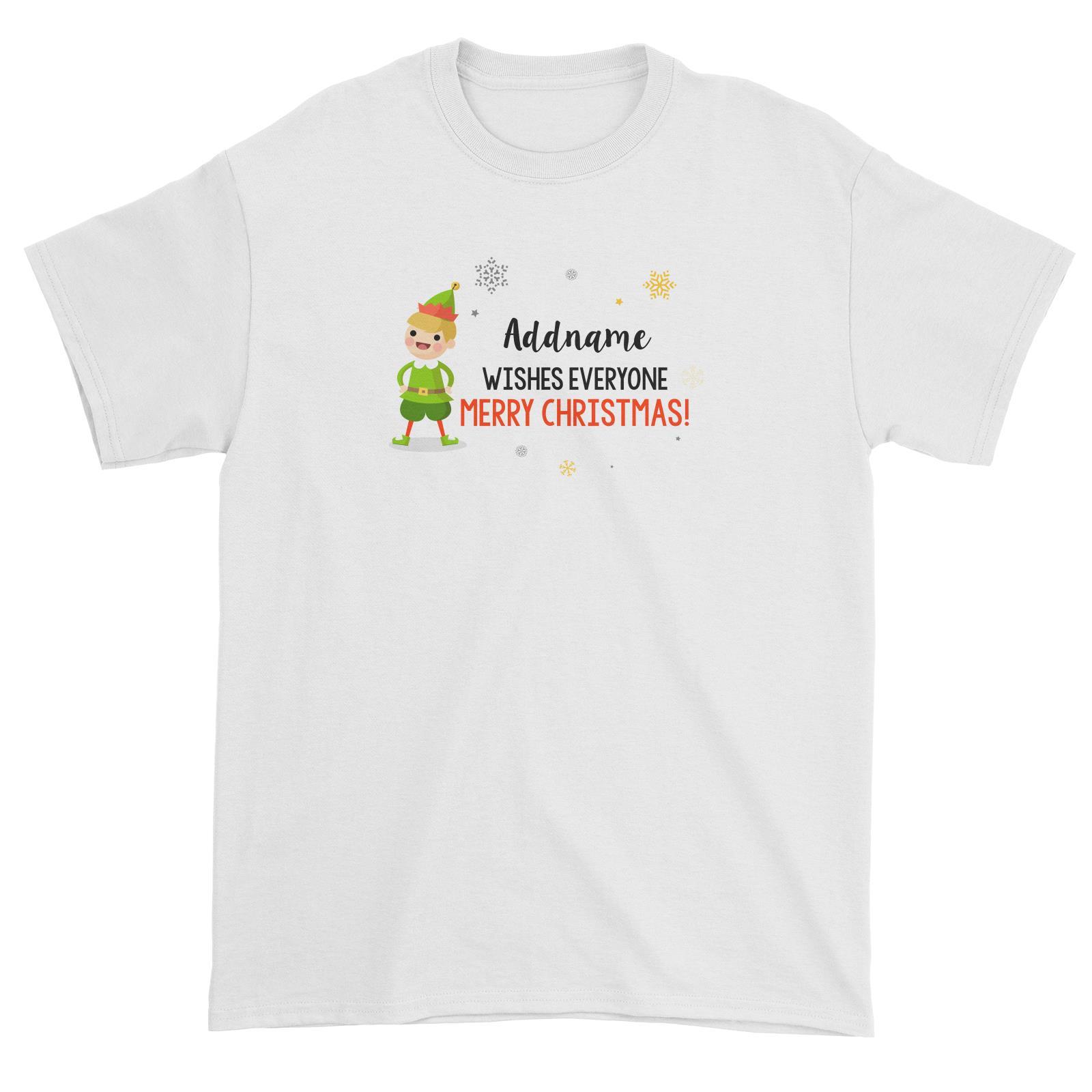 Cute Elf Boy Wishes Everyone Merry Christmas Addname Unisex T-Shirt  Matching Family Personalizable Designs