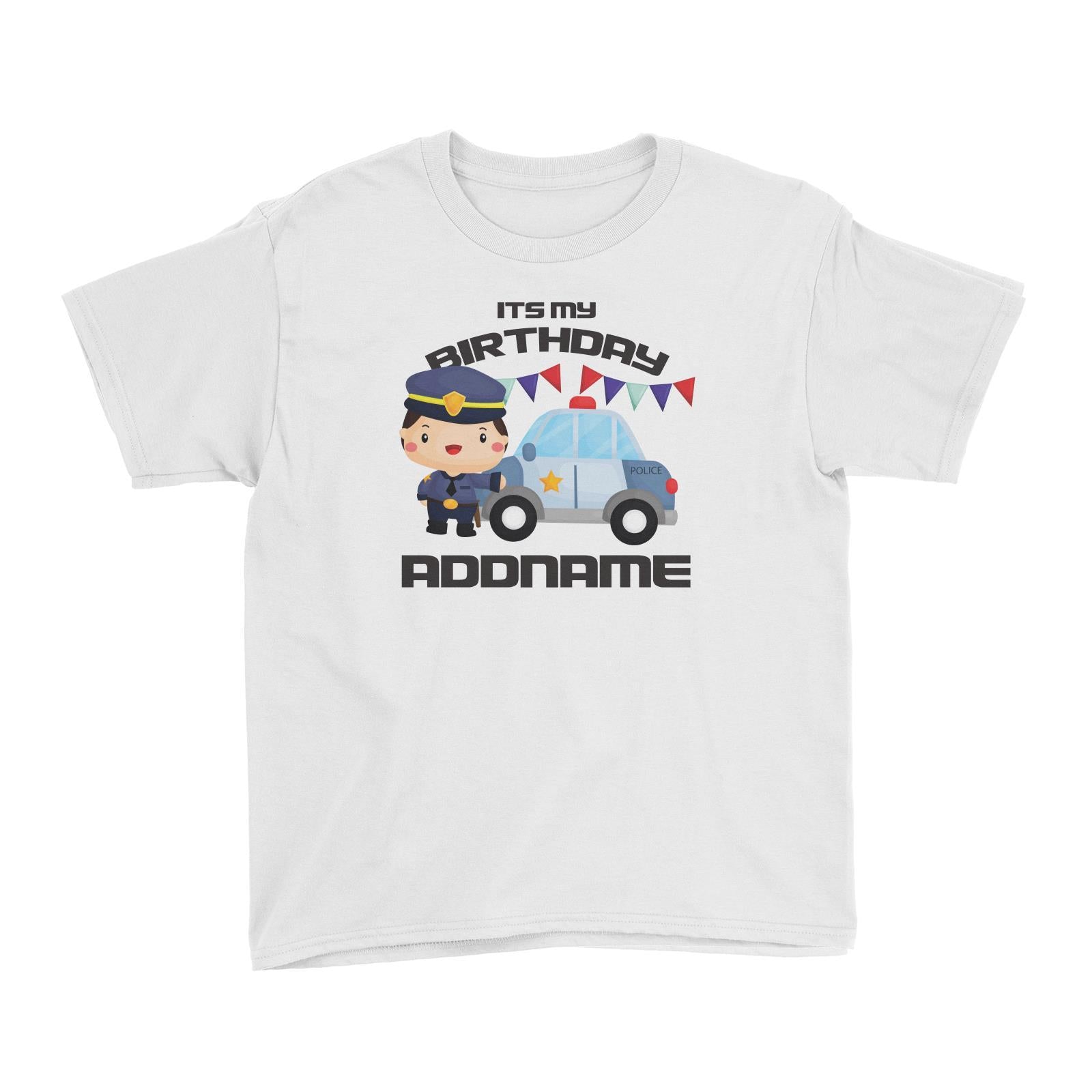Birthday Police Officer Boy In Suit With Police Car Its My Birthday Addname Kid's T-Shirt