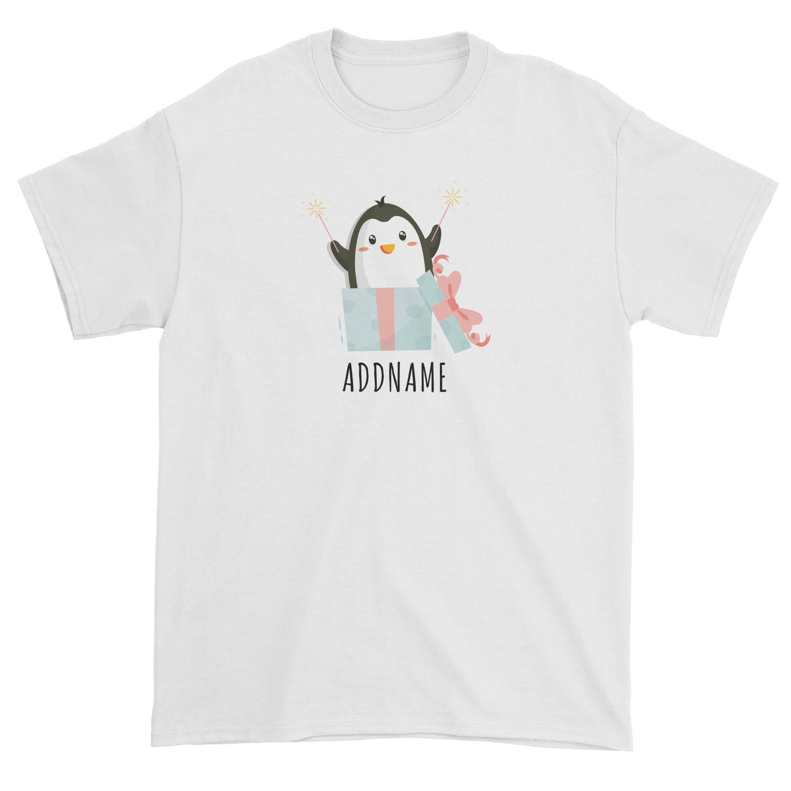 Birthday Cute Penguin Taking Fireworks In Present Box Addname Unisex T-Shirt