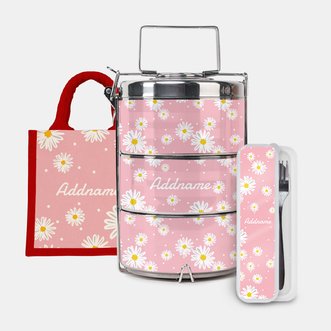 Daisy Series Half Lining Lunch Bag, Standard Tiffin Carrier And Cutlery Set - Blush Red