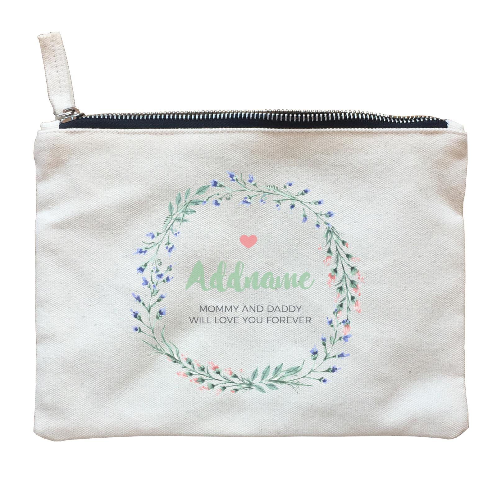 Red and Blue Flower Leaf Wreath Personalizable with Name and Text Zipper Pouch