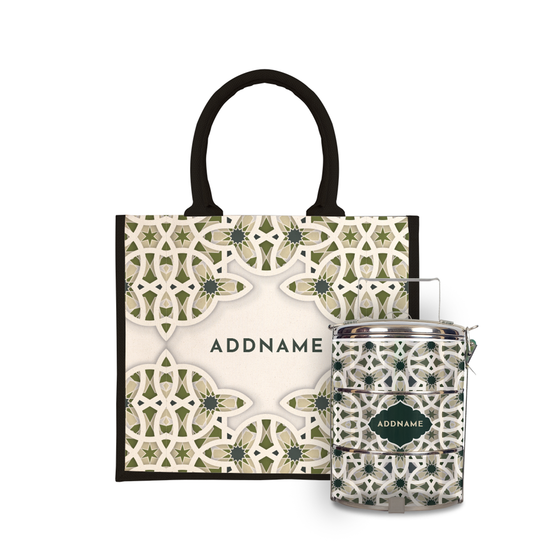 Ratu Series - Green Tiffin Carrier with Half Lining Jute Bag