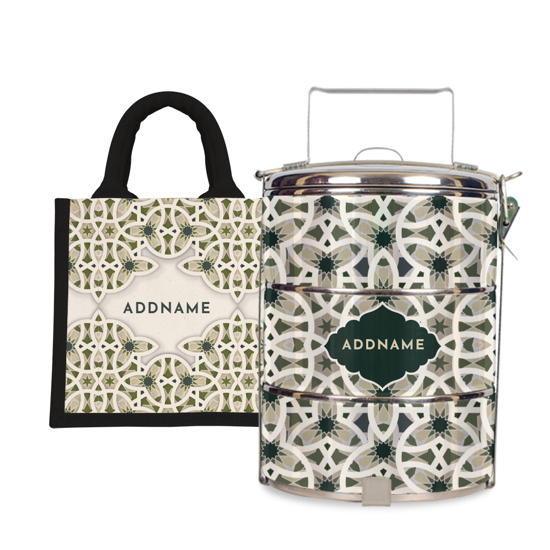 Ratu Series - Green Tiffin Carrier with Half Lining Lunch Bag