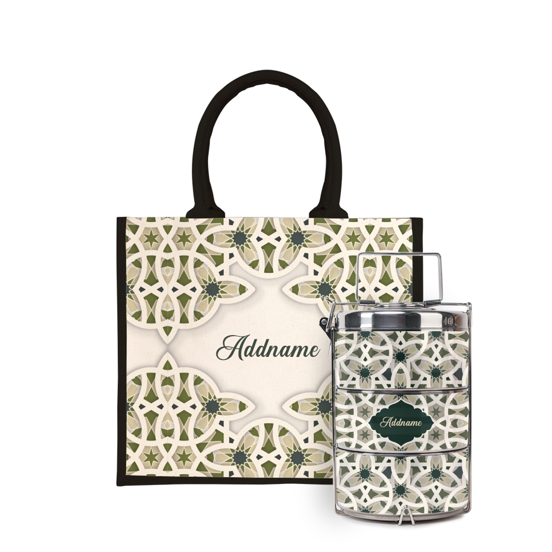 Ratu Series - Green Tiffin Carrier with Half Lining Jute Bag