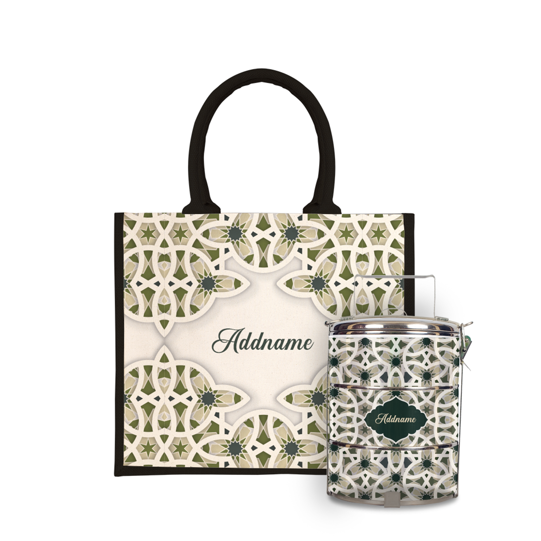 Ratu Series - Green Tiffin Carrier with Half Lining Jute Bag