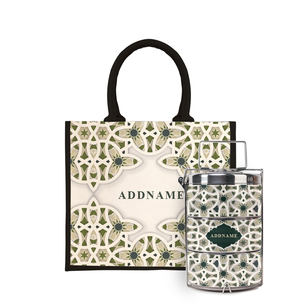 Ratu Series - Green Tiffin Carrier with Half Lining Jute Bag