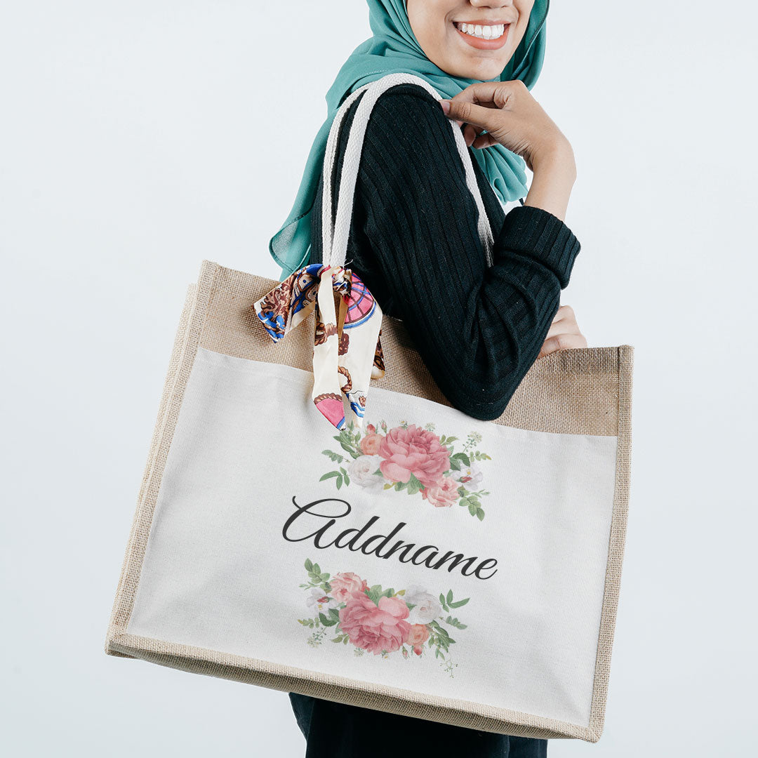Peony Flower Jute Bag with Front Pocket