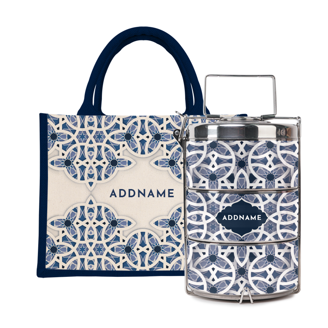 Ratu Series - Blue Tiffin Carrier with Half Lining Small Jute Bag