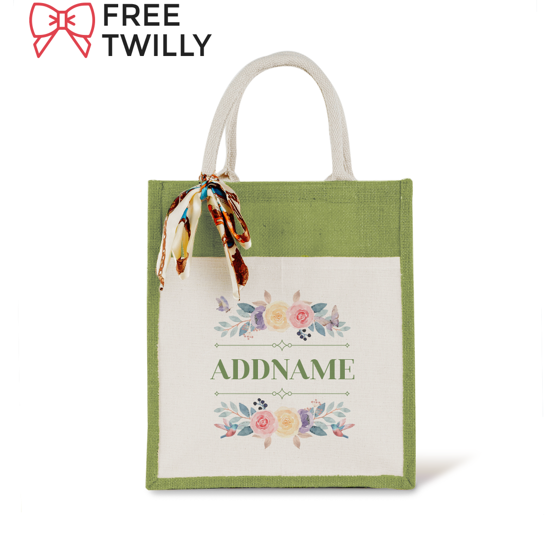 Le Fleur Series Raffinée Olive Green Colourful Jute Bag With Front Pocket