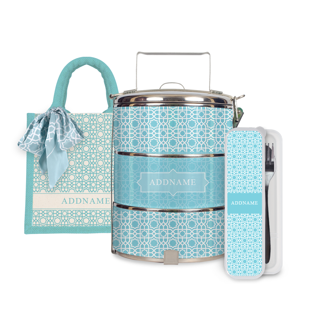 Annas Series - Sky Blue Half Lining Lunch Bag, Tiffin Carrier and Cutlery Set