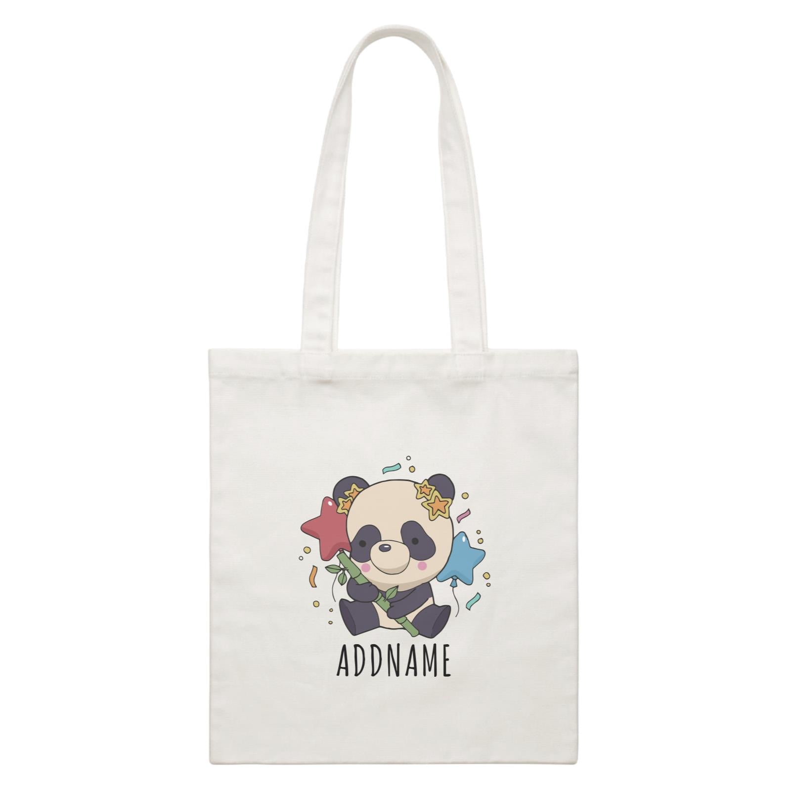 Birthday Sketch Animals Panda with Party Hat Holding Bamboo Addname White Canvas Bag