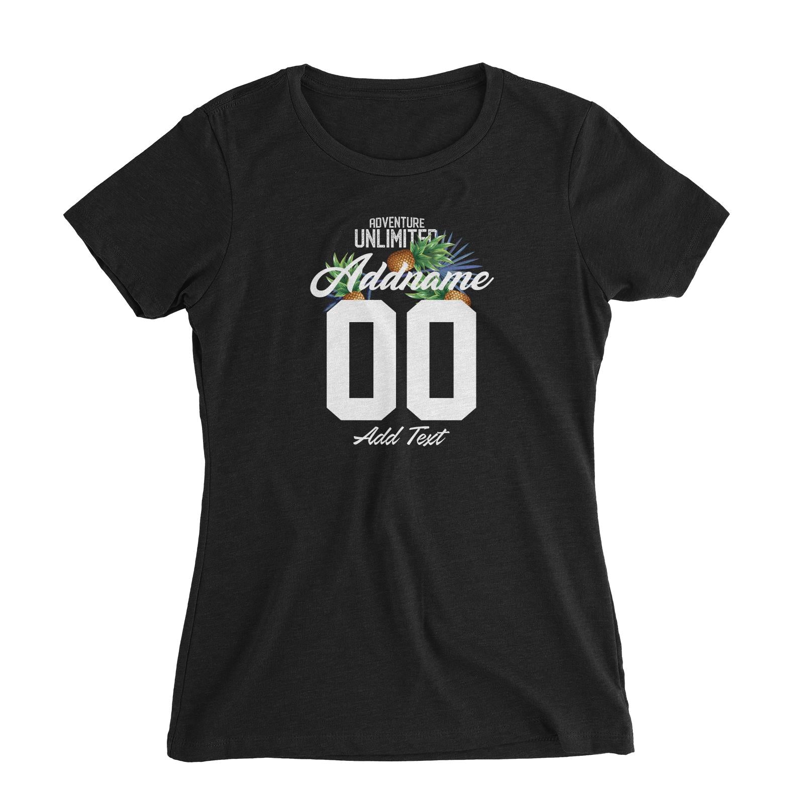 Adventure Unlimited with Pineapples Personalizable with Name Number and Text Women's Slim Fit T-Shirt
