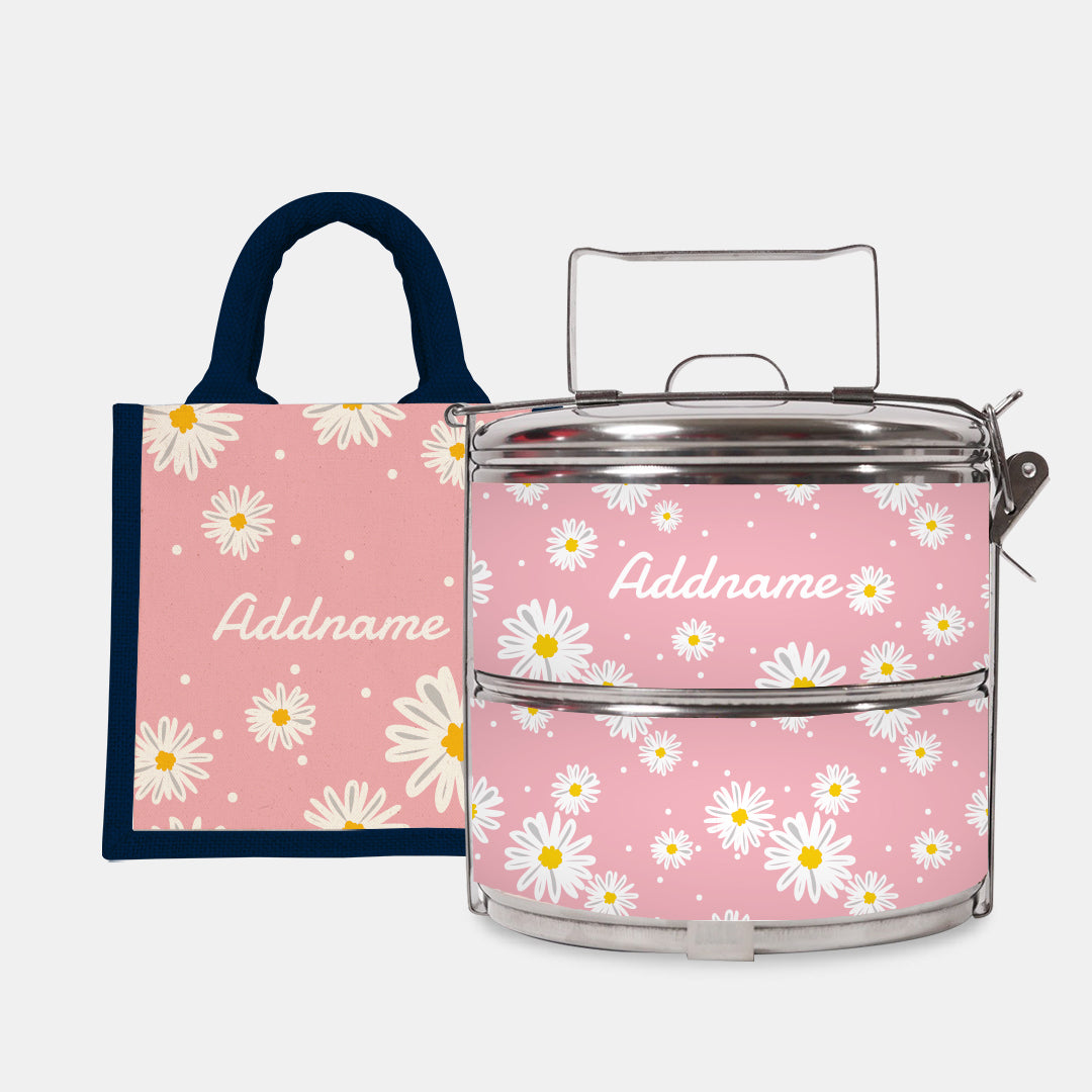 Daisy Series Half Lining Lunch Bag Wtih Standard Two Tier Tiffin Carrier - Blush Navy