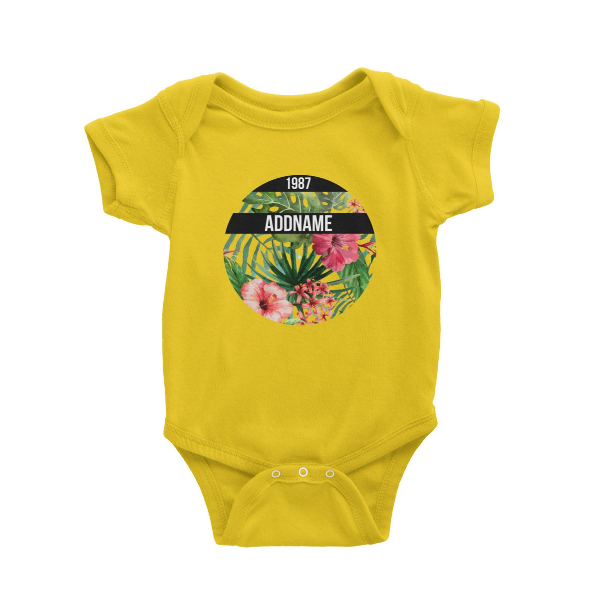Tropical Leaves With Bunga Raya Personalizable with Name and Year Baby Romper