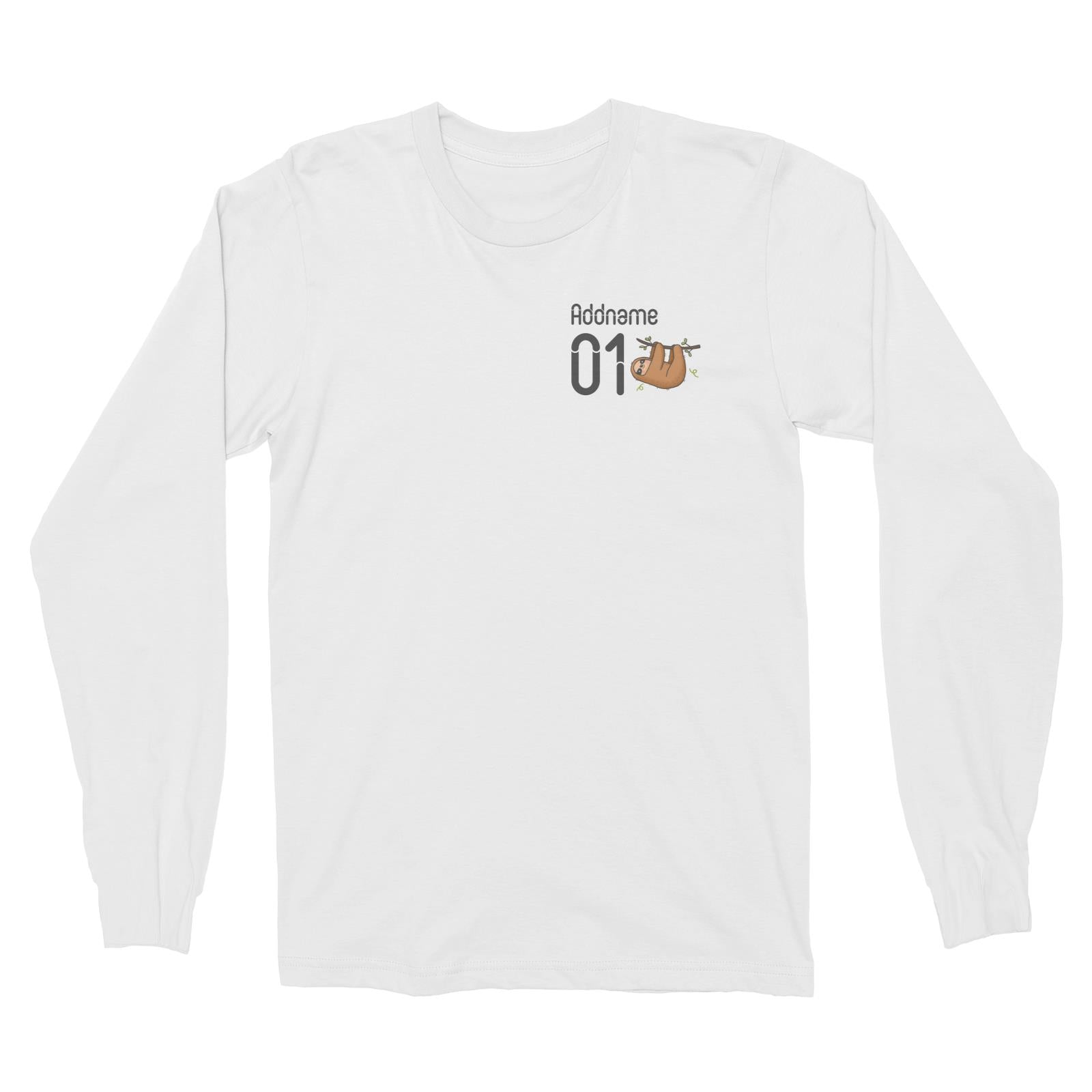Pocket Name and Number Cute Hand Drawn Style Sloth Long Sleeve Unisex T-Shirt (FLASH DEAL)