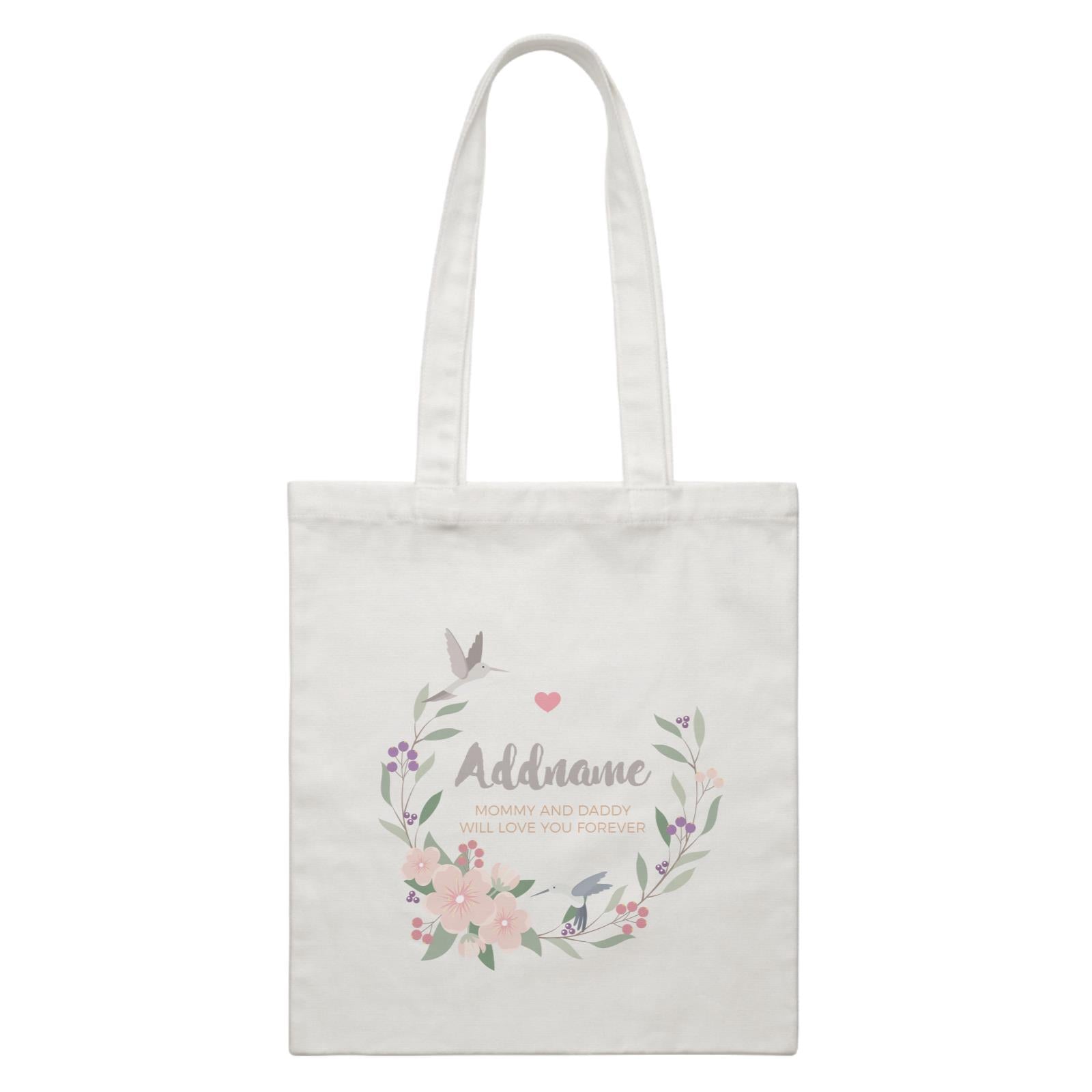 Pink Flower Berries Wreath and Hummingbirds Personalizable with Name and Text White Canvas Bag