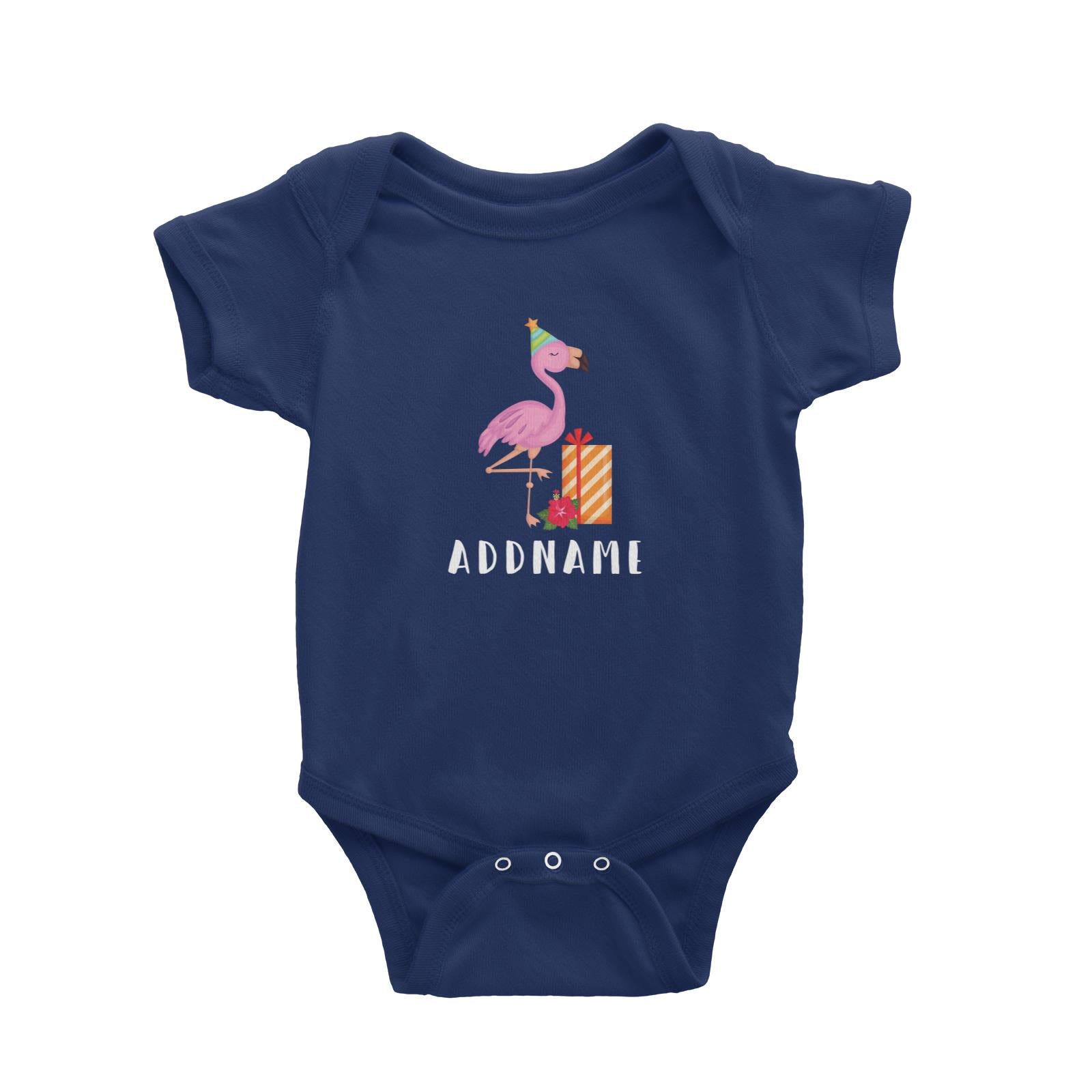 Birthday Hawaii Flamigo Wearing Party Hat With Present And Hibiscus Addname Baby Romper