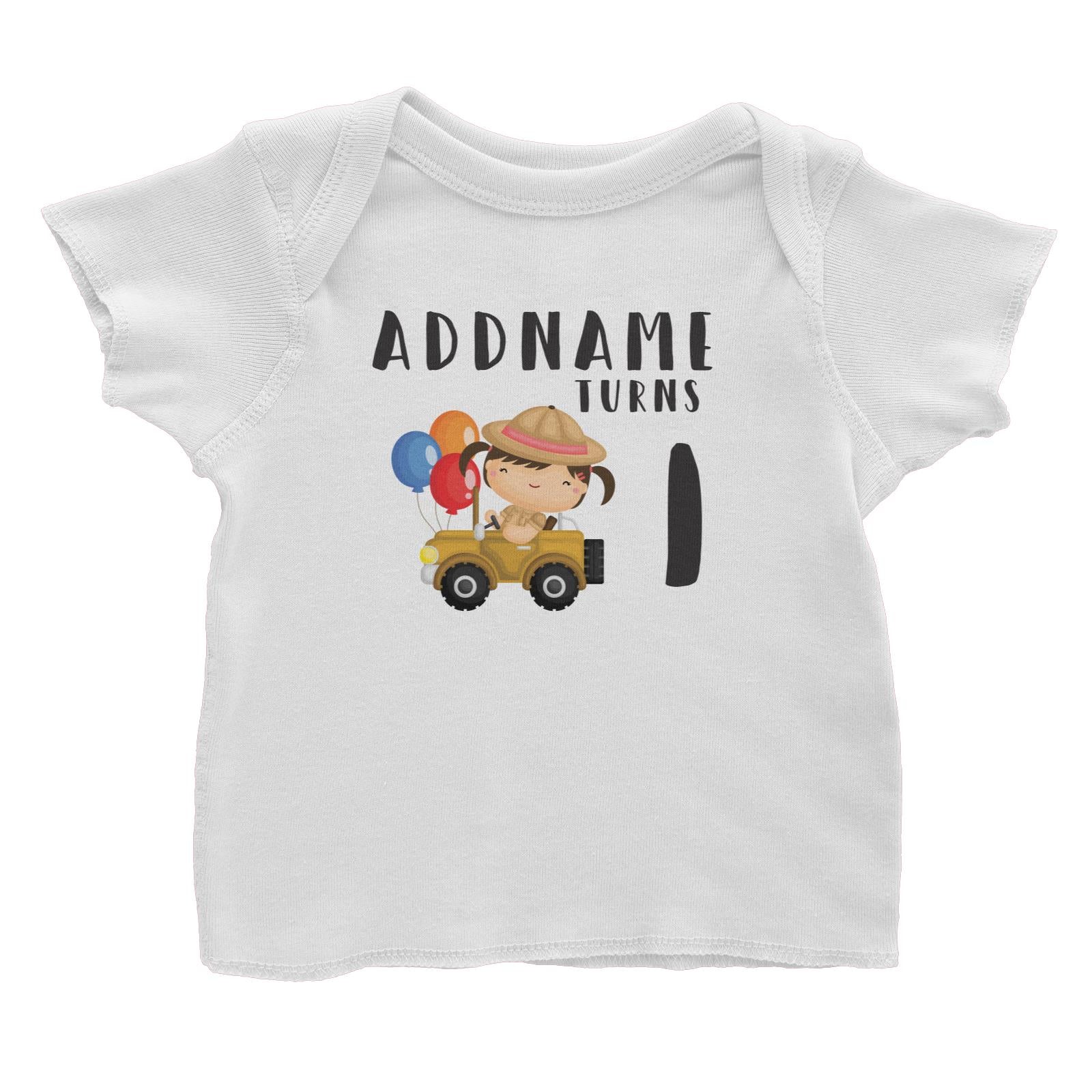 Birthday Safari Explorer Girl Driving Jeep Car Addname Turns 1 Baby T-Shirt