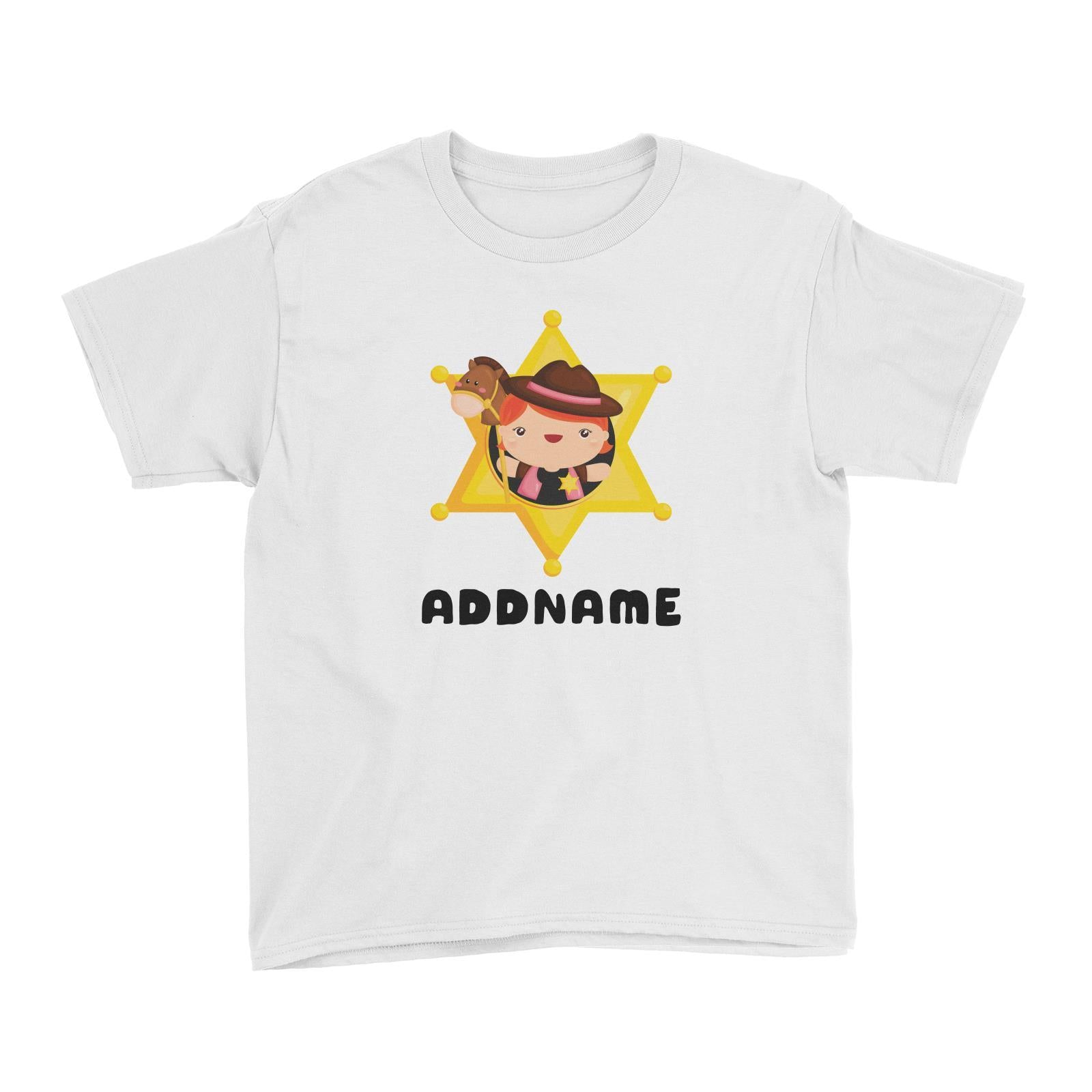 Birthday Cowboy Style Little Cowgirl Holding Toy Horse In Star Badge Addname Kid T-Shirt