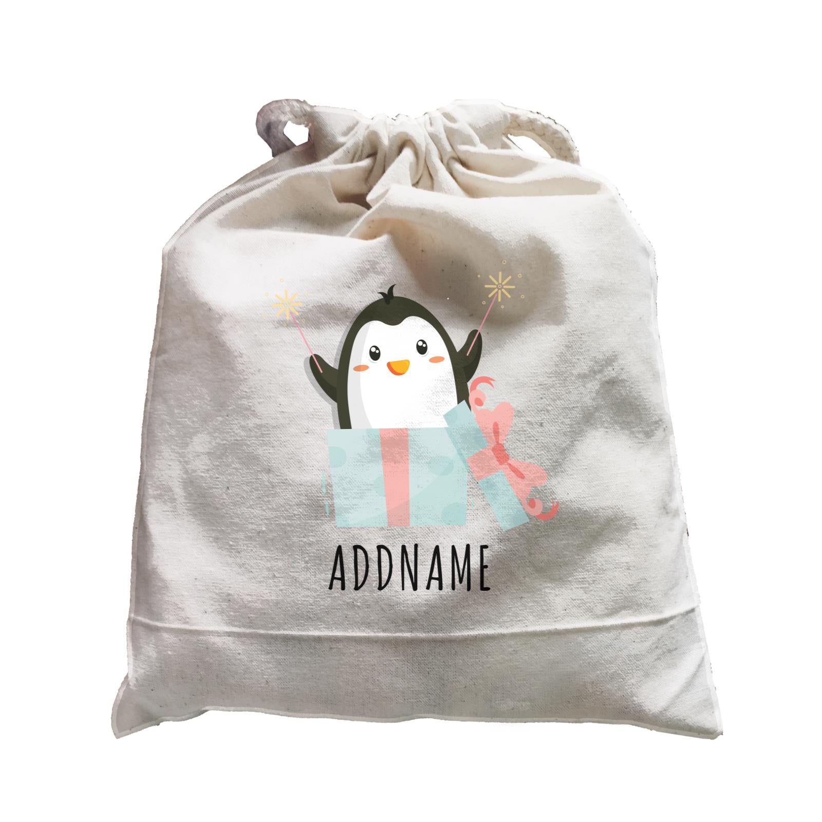Birthday Cute Penguin Taking Fireworks In Present Box Addname Satchel