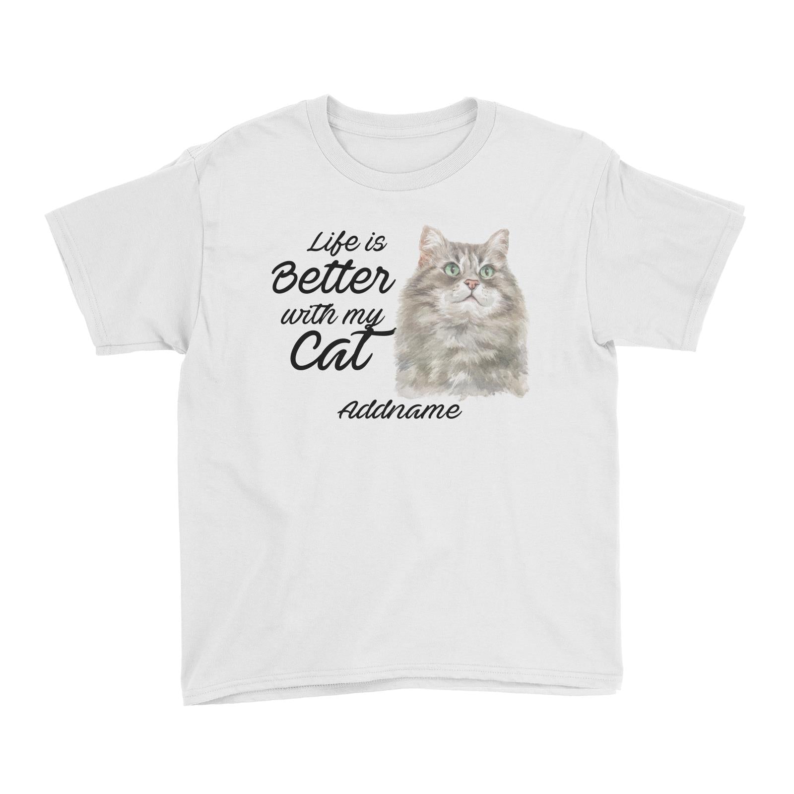 Watercolor Life is Better With My Cat Siberian Cat Grey Addname Kid's T-Shirt
