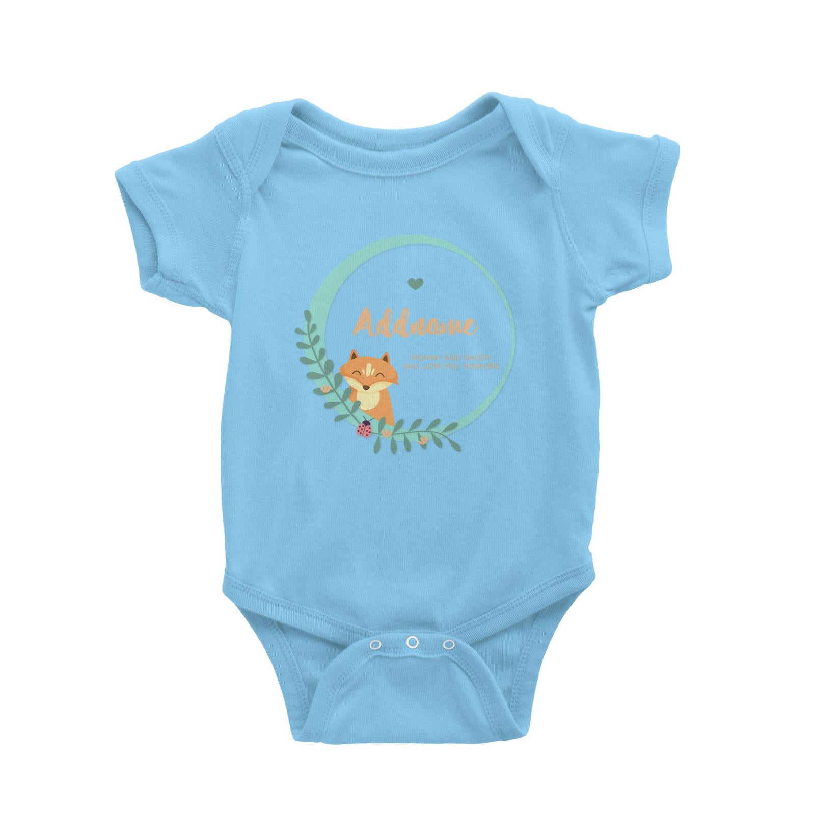 Cute Brown Fox in Turqoise Ring Personalizable with Name and Text Baby Romper