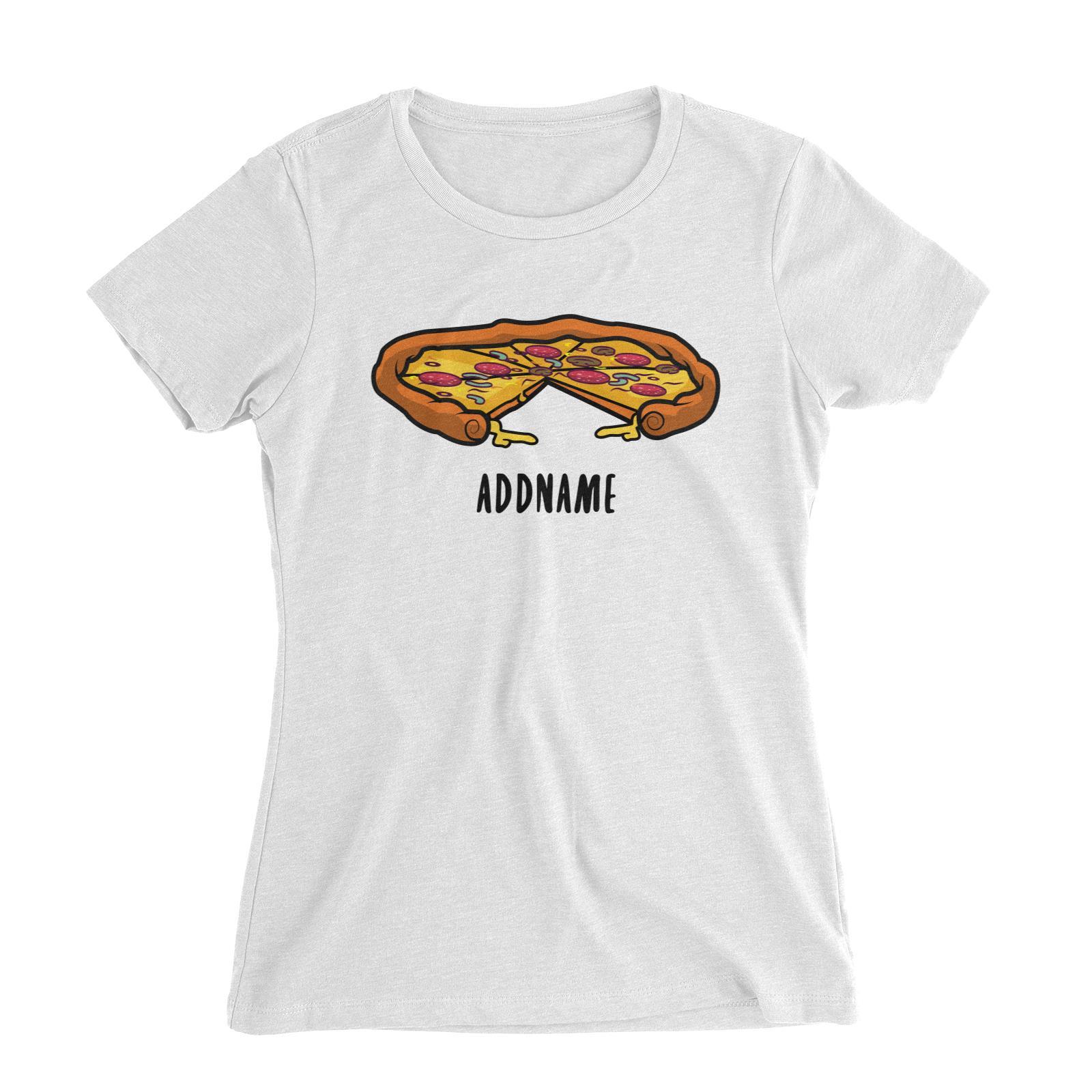 Fast Food Whole Pizza with A Slice Taken Out Addname Women's Slim Fit T-Shirt  Matching Family Comic Cartoon Personalizable Designs