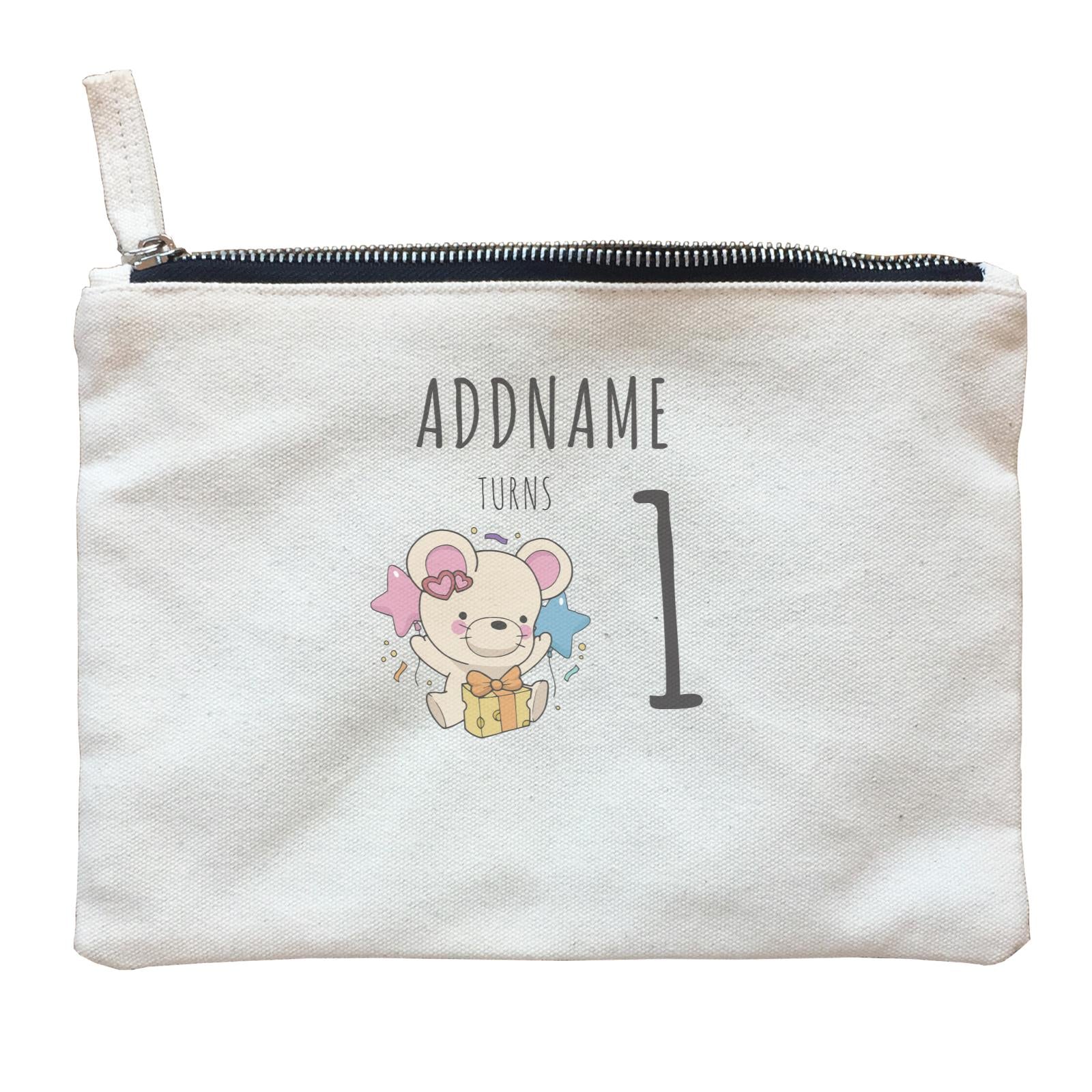 Birthday Sketch Animals Mouse with Cheese Present Addname Turns 1 Zipper Pouch