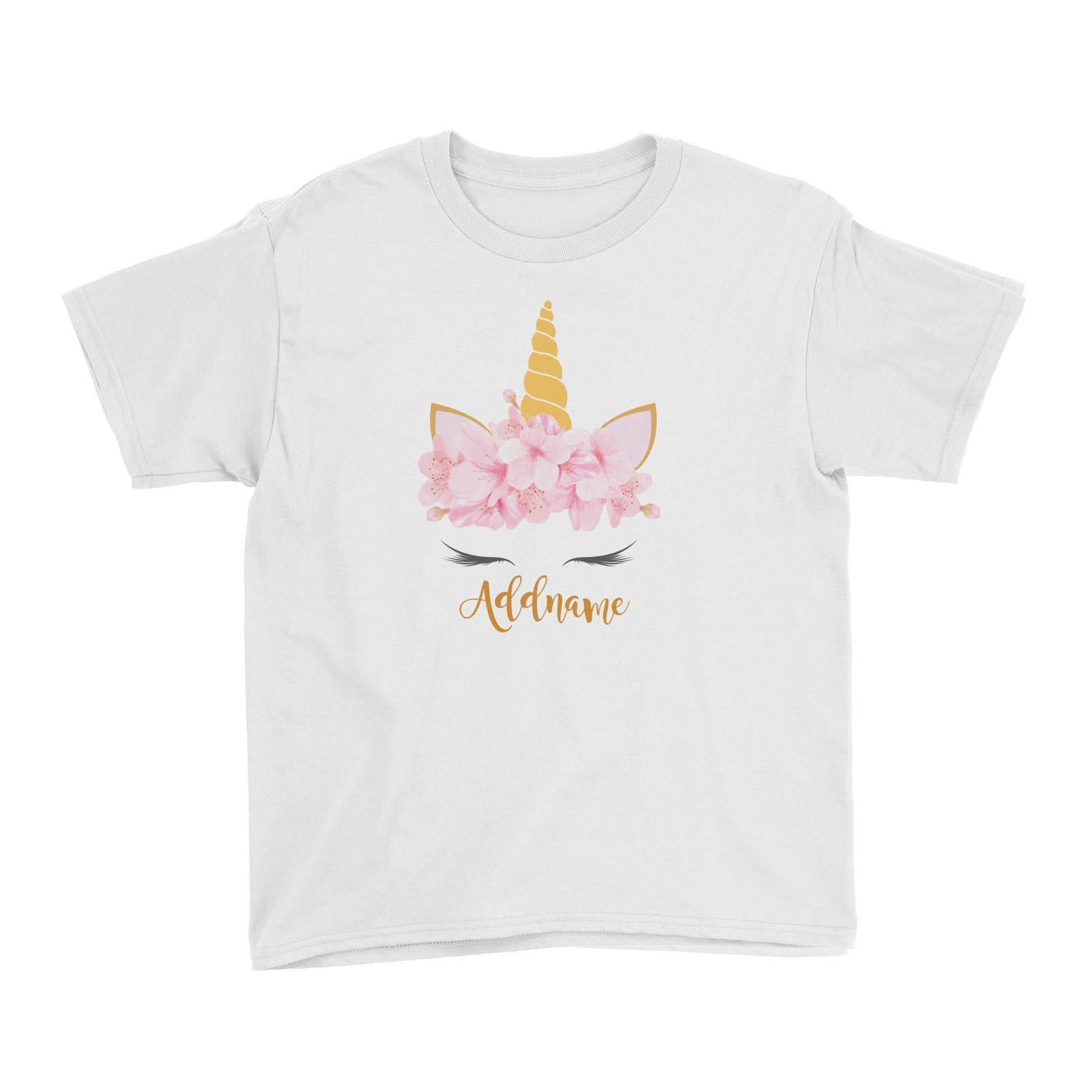 Pink Flower Garland Unicorn Face Addname Kid's T-Shirt