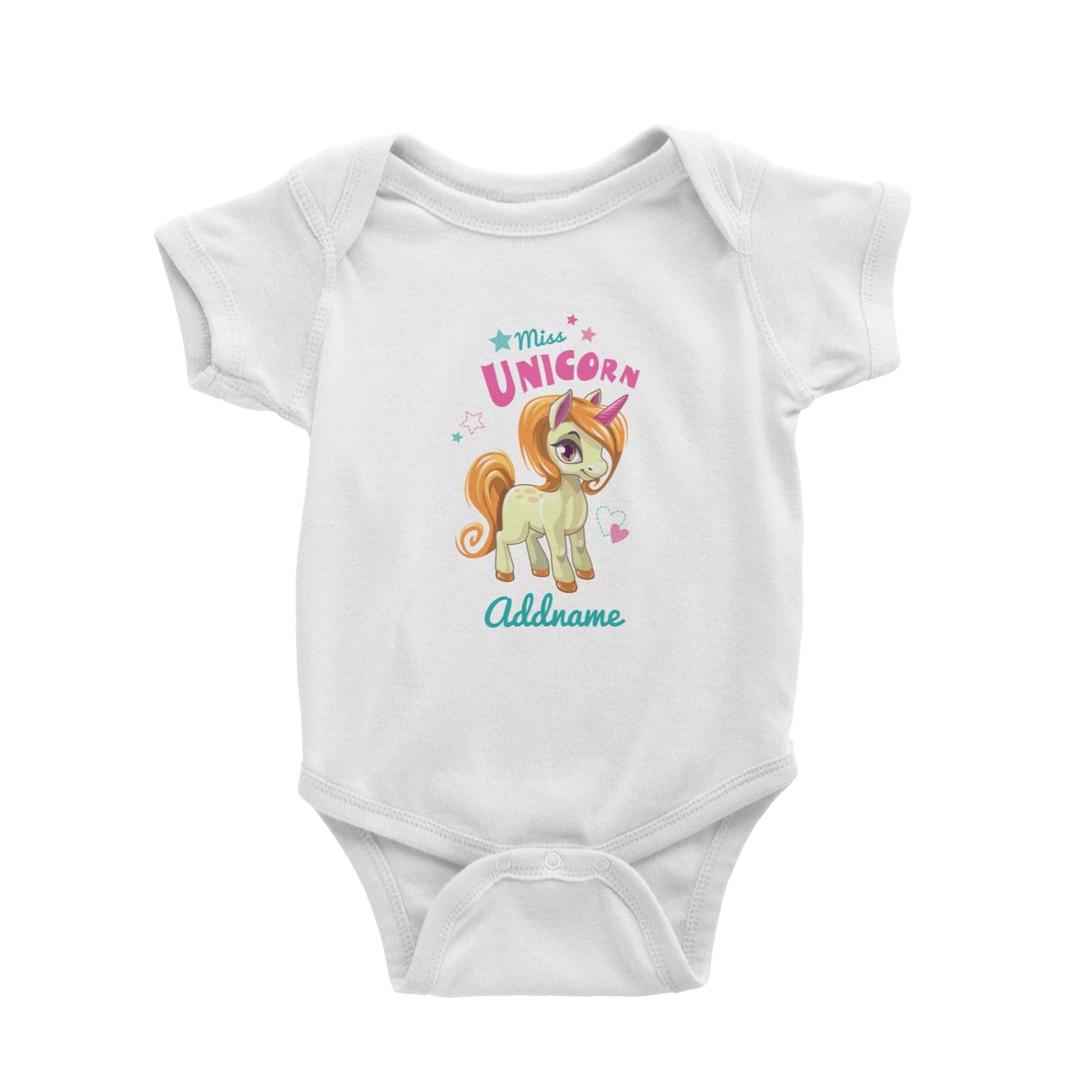 Pastel Yellow Miss Unicorn Cartoon White Baby Romper Personalizable Designs